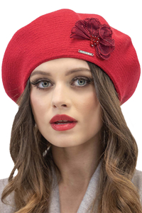 Vivisence Women's Beret With Floral Applique Ideal For Winter Days 7036, red