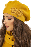 Vivisence Damen Baskenmütze Schal Set Wolle Blumenapplikation Warm Elegant 7007, honig