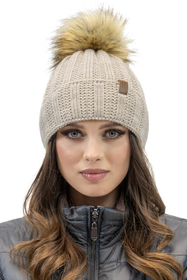 Vivisence Women's Pom Pom Hat Fleece Lined Faux Fur Pom Knitted 7019, beige