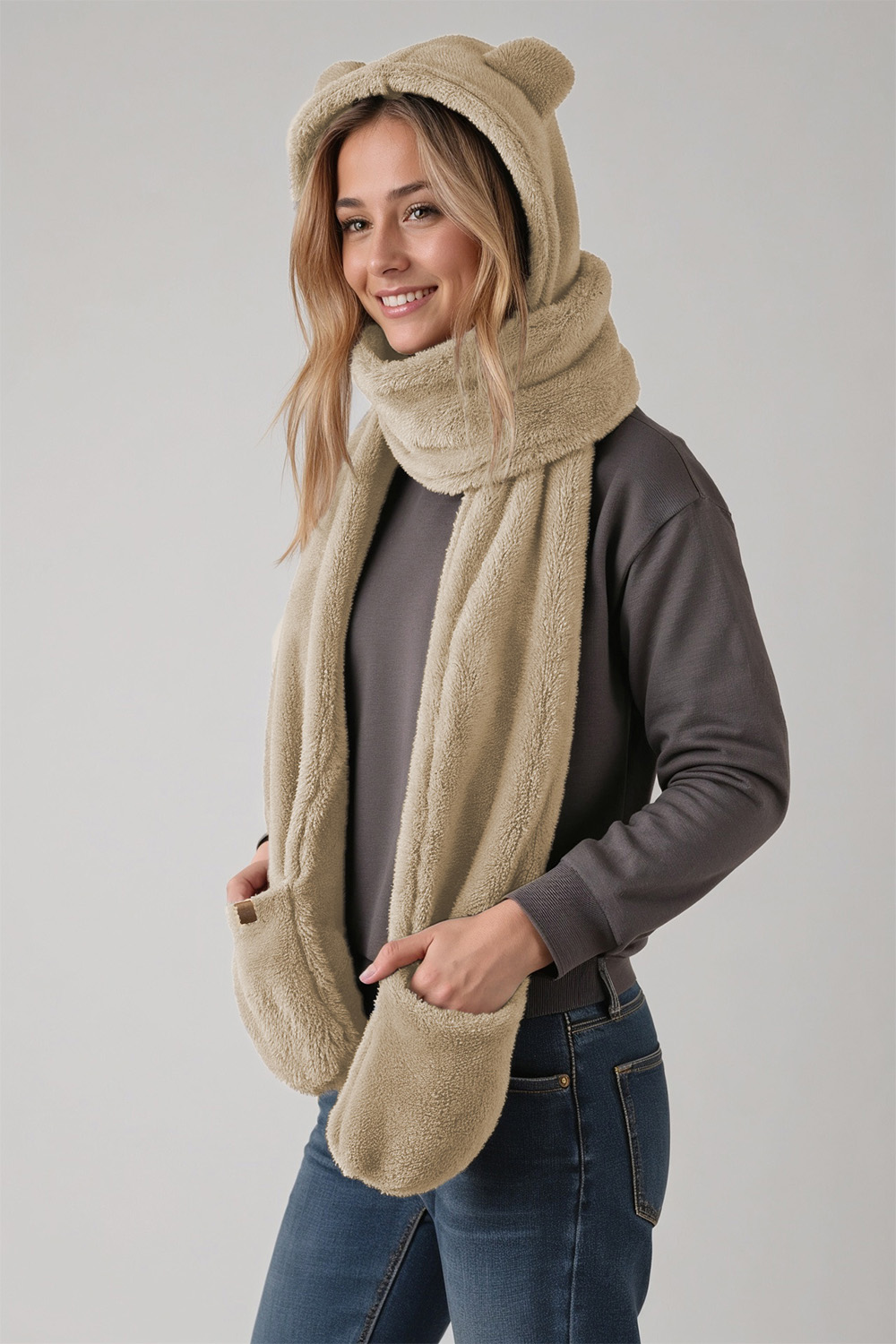 Vivisence Women Winter Hood Scarf With Mittens Soft Polyester Cozy Warmth, beige