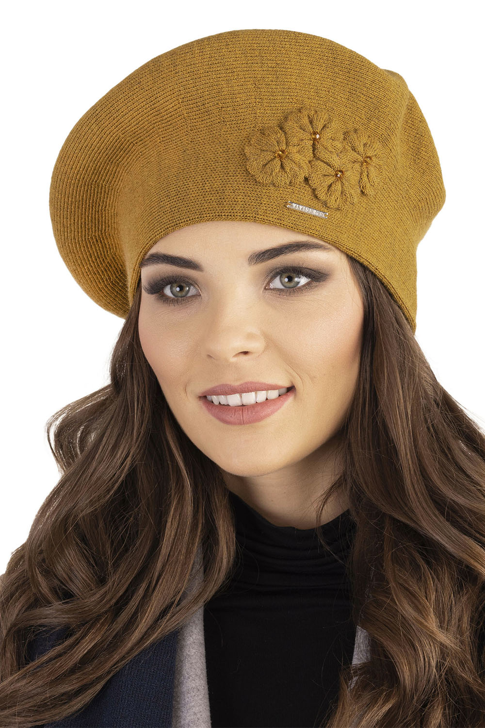 Vivisence Elegant Women's Beret With Flower Warm Autumn Winter Accessory 7006, honey