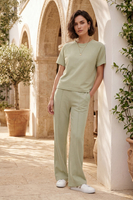 Vivisence Women’s 2 Piece Lounge Set, Short Sleeve T Shirt and Flared Trousers with Pockets, Soft Stretch Co Ord Set, olive