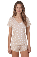 Vivisence Women Pyjama Set V Neck Short Sleeve Cotton Jersey Comfort Sleep, light beige