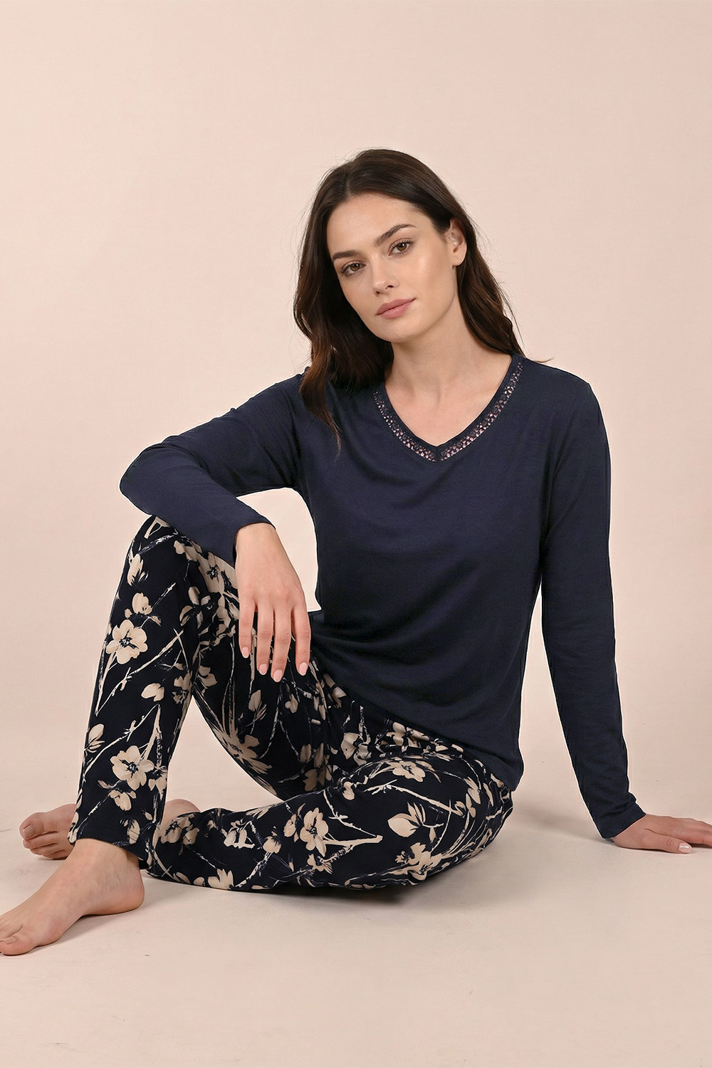 Vivisence Femme Pyjama Manches Longues Modal Coton Confort Respirant Nuit, bleu foncé