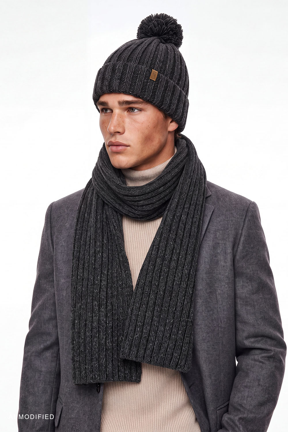 Vivisence Men's Set Wool Blend Hat & Scarf Ribbed Knit Winter Accessories, graphite