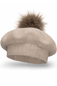Vivisence Béret Femme Pour L'automne et L'hiver Avec Pompon En Fausse Fourrure Tricoté En Laine Acrylique Doux Chaud Et Confortable Idéal Classique Et Élégant 7035, beige