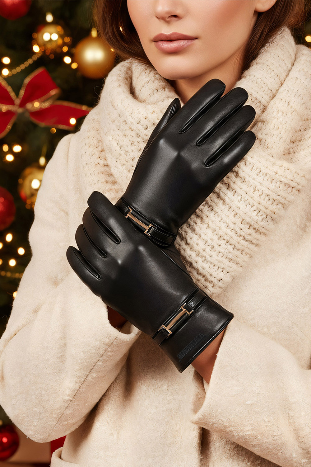 Vivisence Women Winter Leather Gloves Soft Natural Leather Cozy Wool Lining, Black