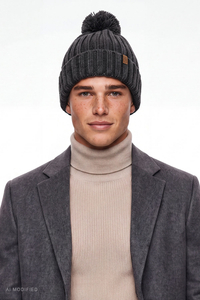 Vivisence Herren Mütze mit Pompon Acryl Wolle Winter Kopfbedeckung, dunkelgrau