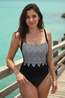 Vivisence Damen Badeanzug Einteilig Bauch Kaschieren Gepolsterte Cups Breite Verstellbare Träger Gefüttert Vorne Buntes Muster Ideal für Strand und Schwimmbad, schwarz-weiß