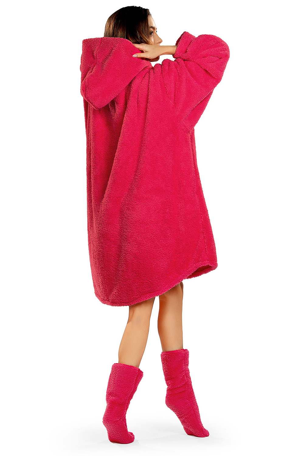 Vivisence Blanket Hoodie and Socks Set Warm and Cozy Wearable Blanket Sweatshirt with Large Pocket Extended Back Long Sleeves and Durable Ankle-Length Socks for Everyday Comfort, raspberry