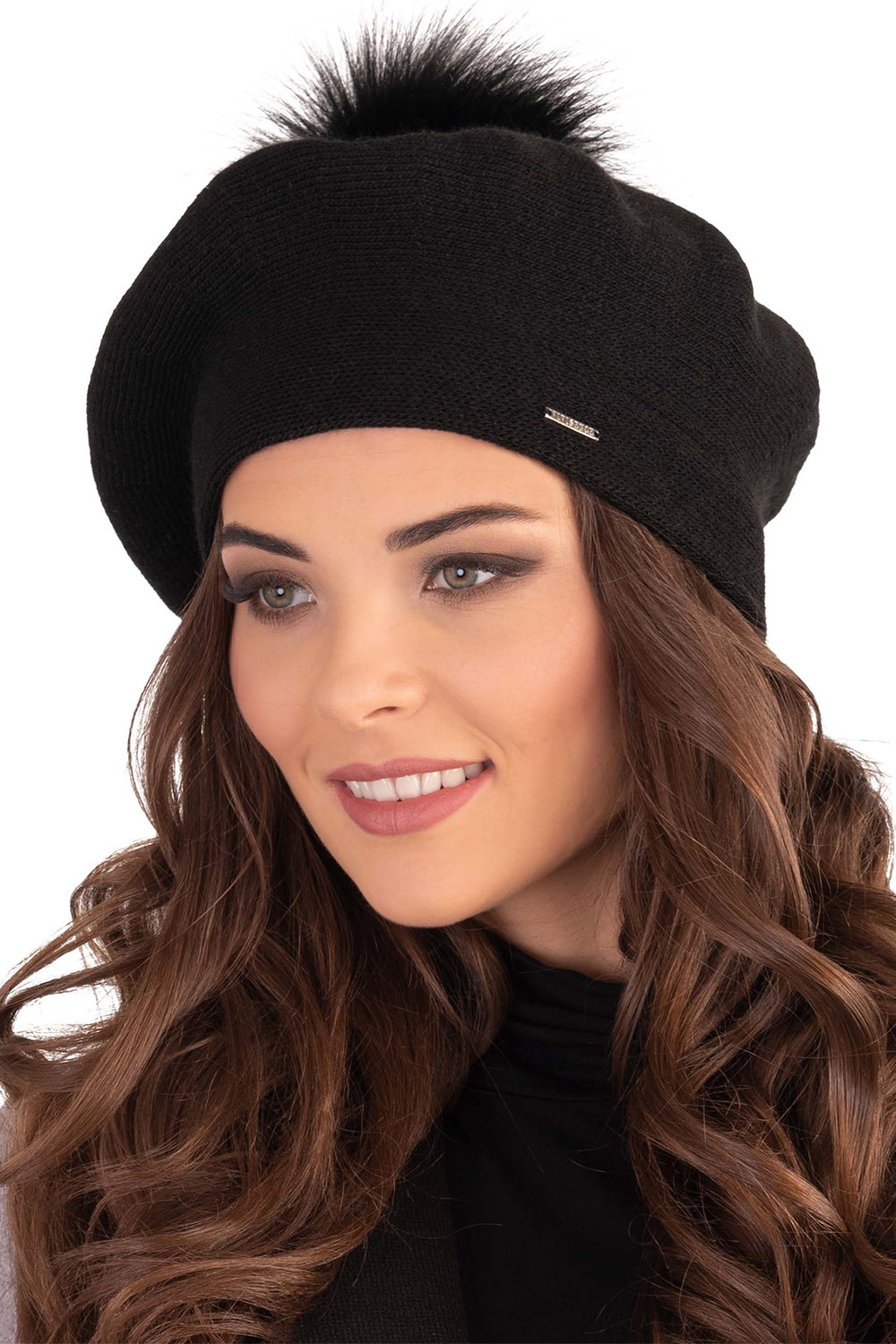 Vivisence Damen Baskenmütze Schal Set Bommel Wolle Warm Elegant Winter 7035Kmpl, schwarz