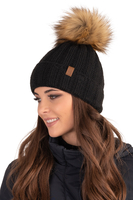 Vivisence Damen Bommelmütze Winter Fleecefutter Kunstpelzbommel Strickmützen 7019, schwarz