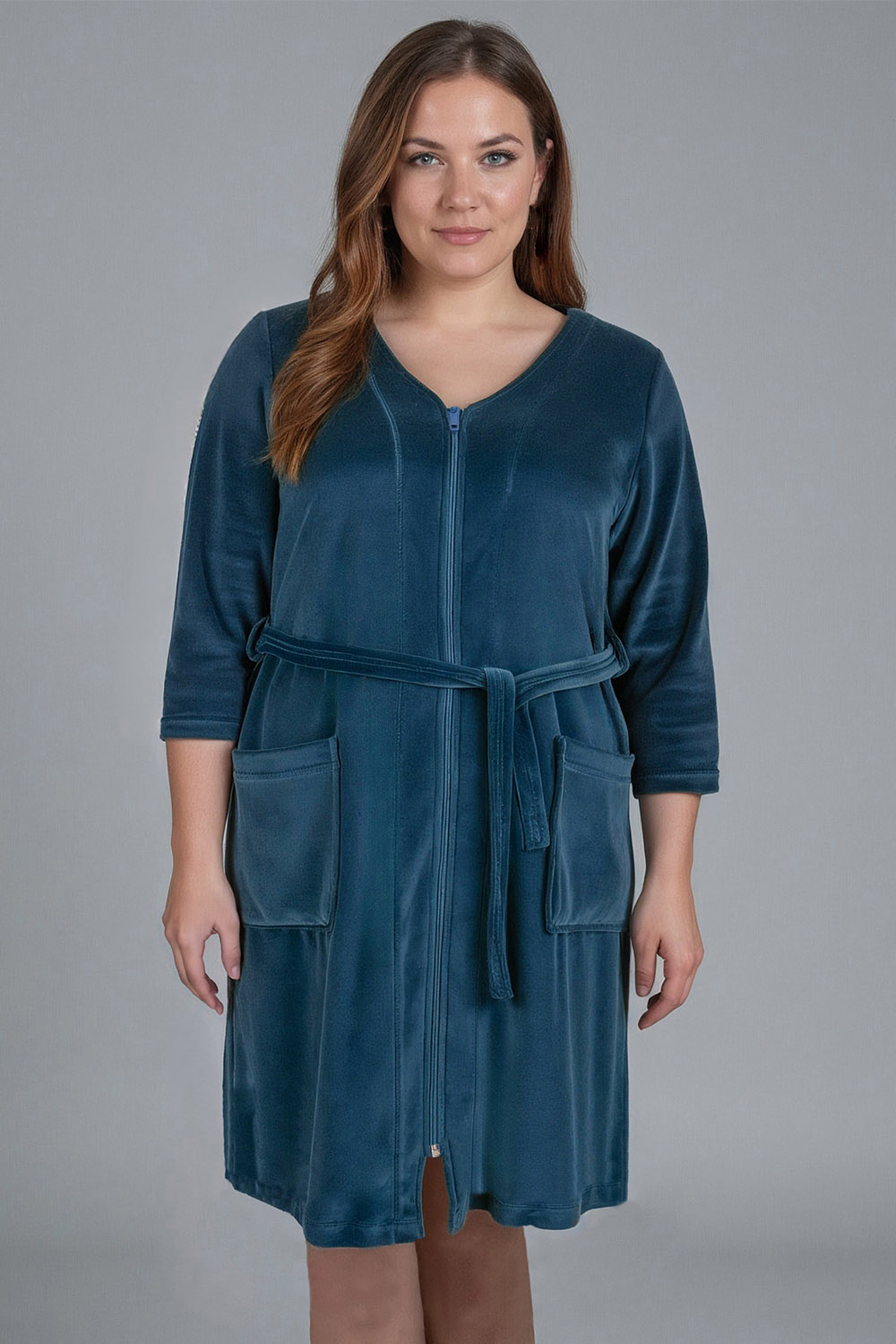 Vivisence Dressing Gown Cotton Zipper and Belt Pockets Home Comfort 5011, dark turquise