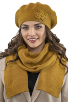 Vivisence Femme Béret Et Écharpe Pour l'Automne et l'Hiver Ensemble En Laine Avec Application Florale Style Classique Confortable Et Élégant Parfait Pour Lhiver Cadeau 7006Kmpl, miel