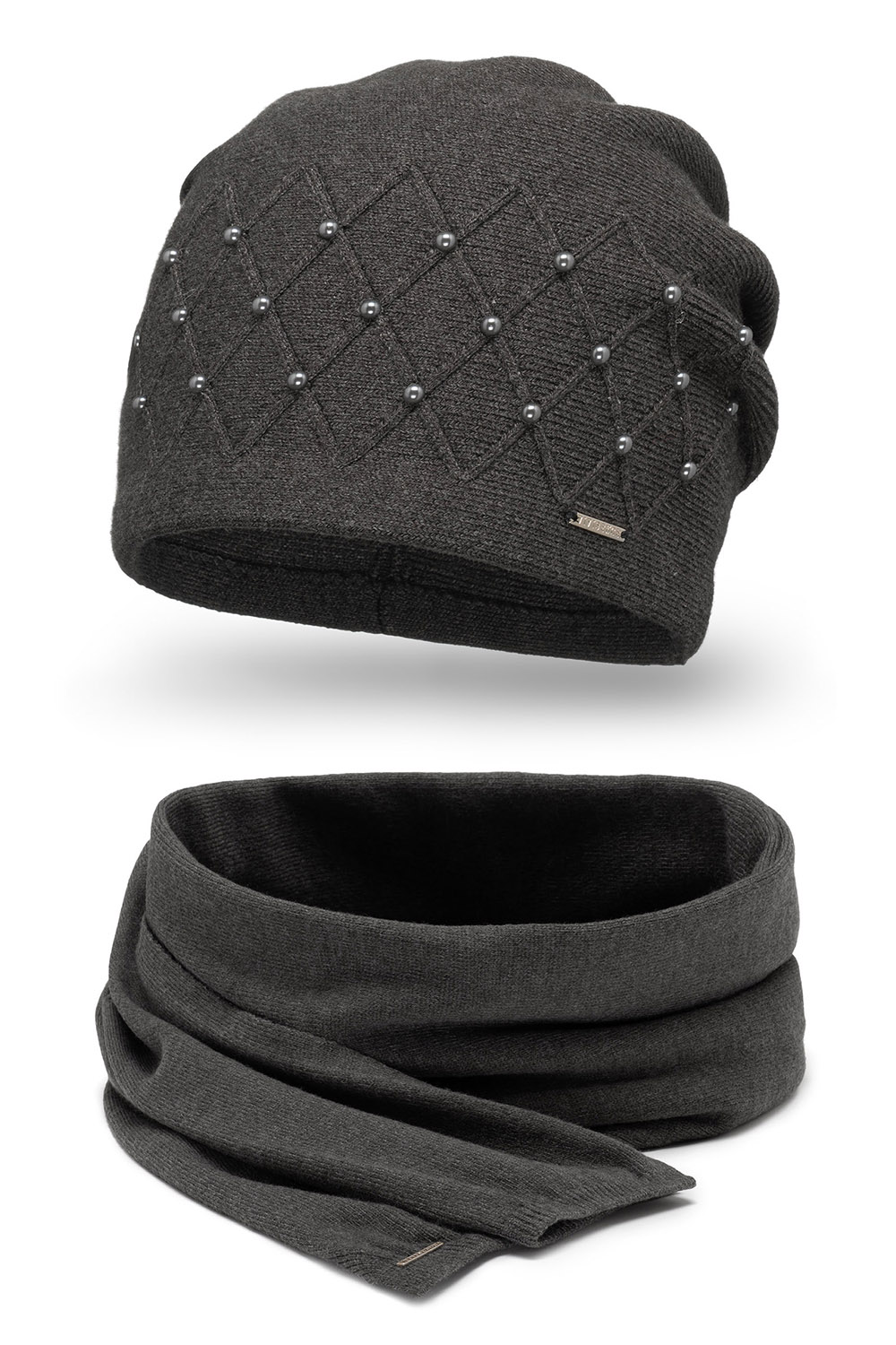 Vivisence Bonnet Et Écharpe Pour L'Hiver Femme Ensemble À La Mode Ajusté Classique Décoratif Avec Perles Tissage Et Laine Chaud Élégant Plaque Logo Confort Optimal 7002Kmpl, gris foncé