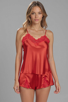 Vivisence Pyjama Satin Set V-Neck with Lace Trim Comfort for Nightwear 2037, red