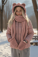 Vivisence Women Winter Hood Scarf With Mittens Soft Polyester Cozy Warmth, light pink