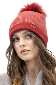 Vivisence Damen Bommelmütze Winter Bommel Strickmütze Subtilem Pepitamuster 7095, rotes Pepitamuster