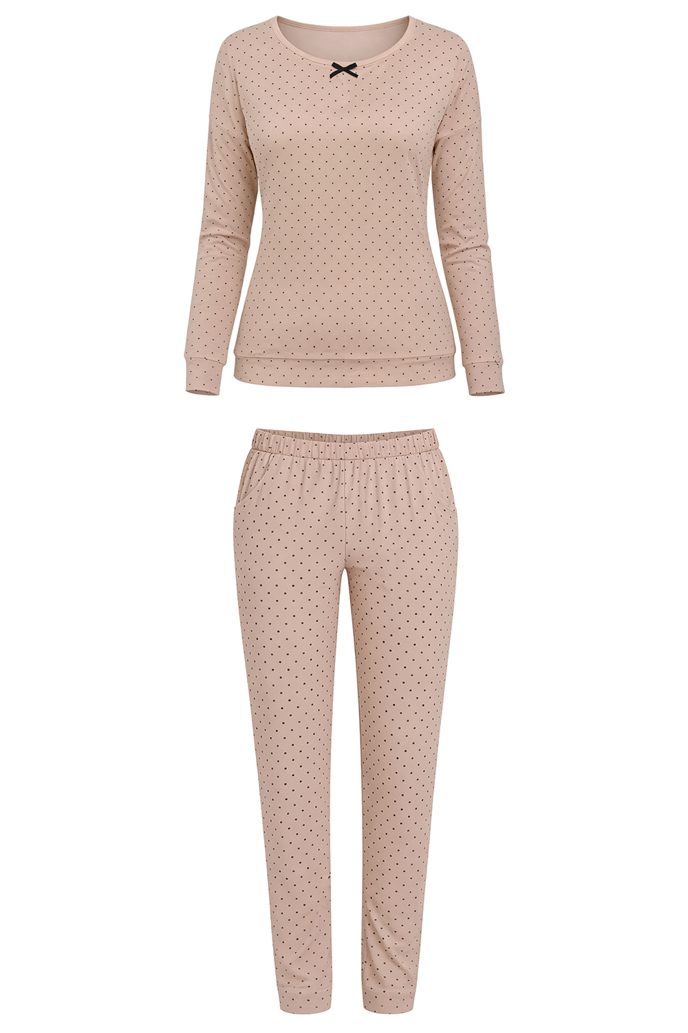 Vivisence Dame Schlafanzug 2-teiliges Set Pyjama Bluse Hose Gemustert Tupfen 2023, Beige