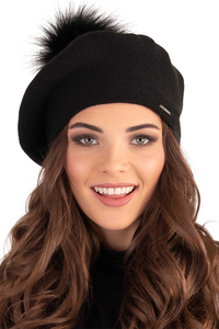 Vivisence Béret Femme Pour L'automne et L'hiver Avec Pompon En Fausse Fourrure Tricoté En Laine Acrylique Doux Chaud Et Confortable Idéal Classique Et Élégant 7035, noir