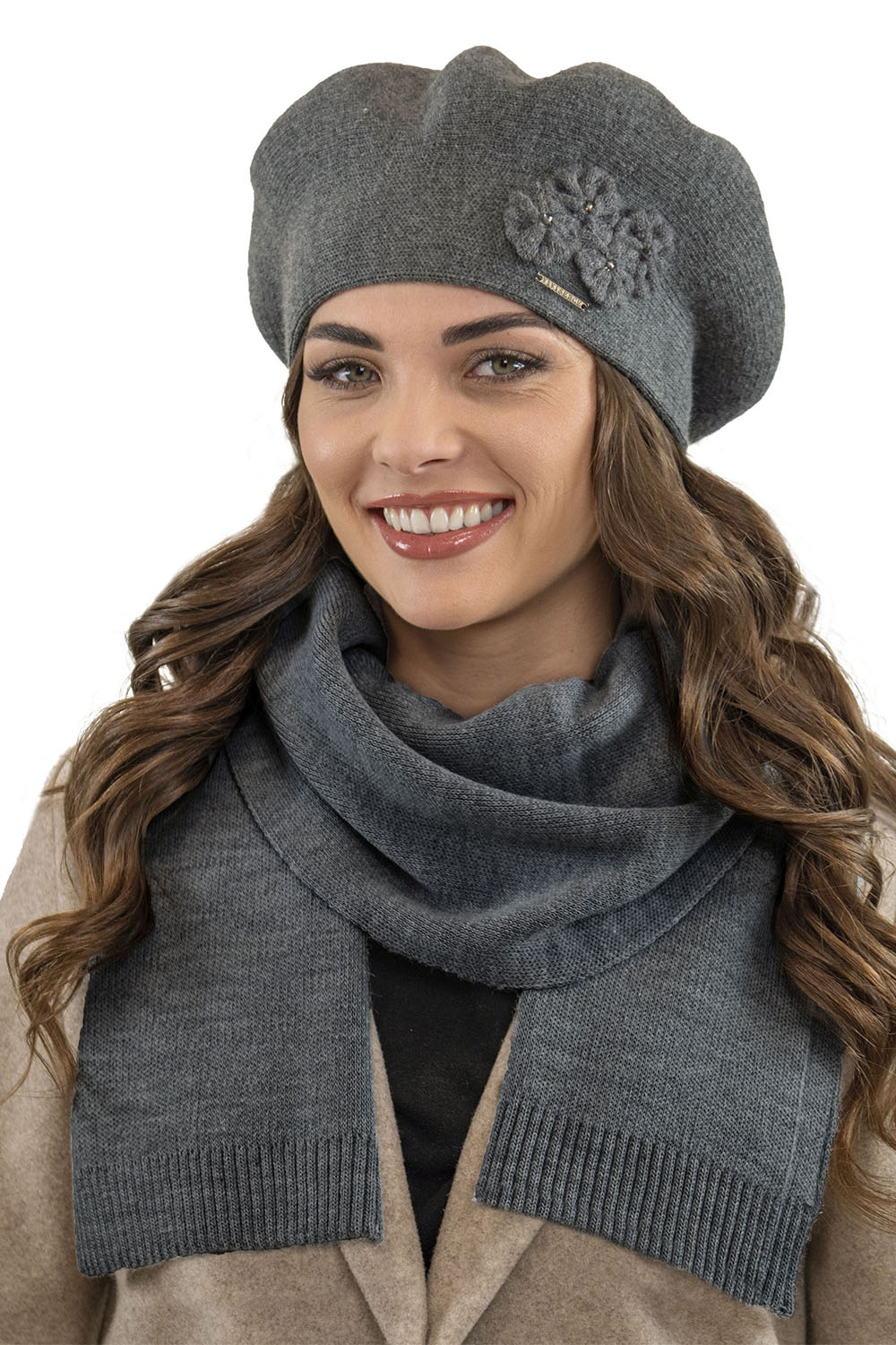 Vivisence Femme Béret Et Écharpe Pour l'Automne et l'Hiver Ensemble En Laine Avec Application Florale Style Classique Confortable Et Élégant Parfait Pour Lhiver Cadeau 7006Kmpl, gris foncé