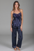 Vivisence Women's Pyjama Set Satin with Lace Detail Perfect Sleep Comfort 2035, dark blue