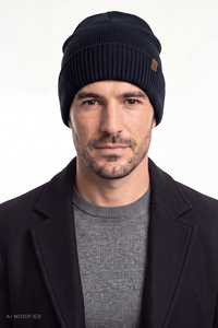 Vivisence Men's Merino Wool Beanie Hat Ribbed Warm Headwear, dark blue