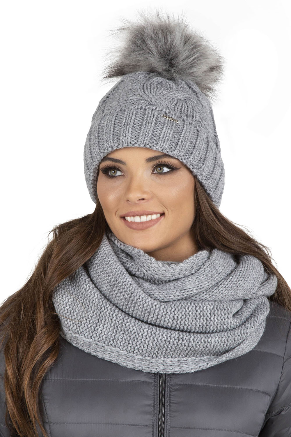 Vivisence Damen Winter Set Bommelmütze Loop Schal Handschuhe Warm Elegant, hellgrau