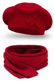Vivisence Elegant Women's Winter Set Including Classic Beret With Floral Decoration And Matching Long Warm Wool Scarf Ideal For Cold Winter And Autumn Days, red