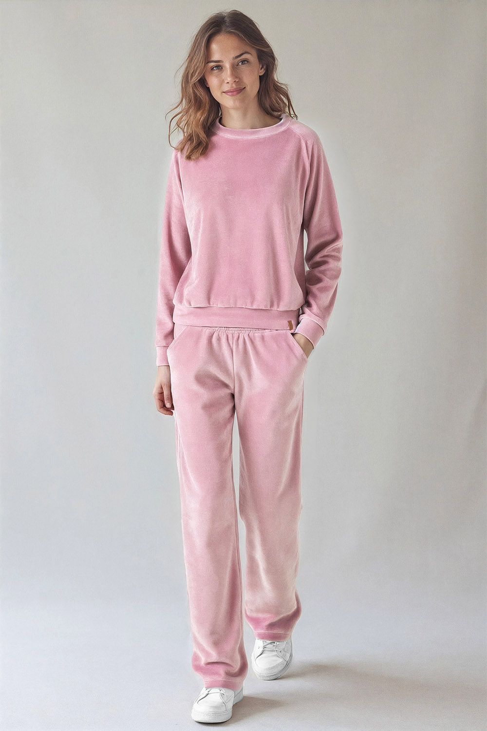 Vivisence Damen Trainingsanzug Set Zweiteiler Aus Velours Mit Sweatshirt Und Hose Lockerer Schnitt Rundhals Seitentaschen Elastischer Bund, Pink