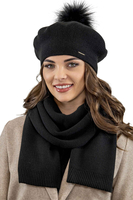 Vivisence Béret Femme Pour L'automne et L'hiver Avec Pompon En Fausse Fourrure Tricoté En Laine Acrylique Doux Chaud Et Confortable Idéal Classique Et Élégant 7035, noir