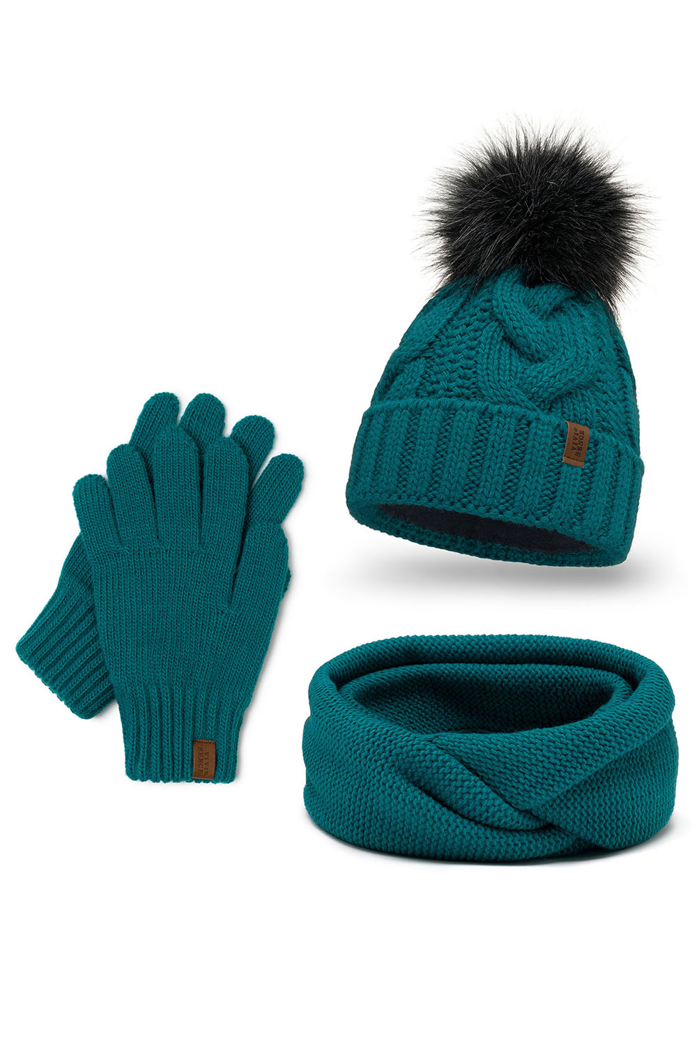 Vivisence Damen Winter Set Bommelmütze Loop Schal Handschuhe Warm Elegant, dunkeltürkis