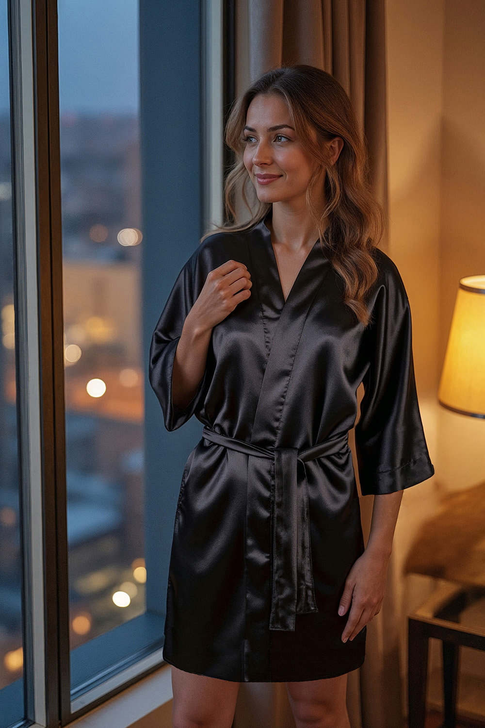 Vivisence Women Satin Robe V Neck Three Quarter Sleeve Tie Waist Short Gift, Black