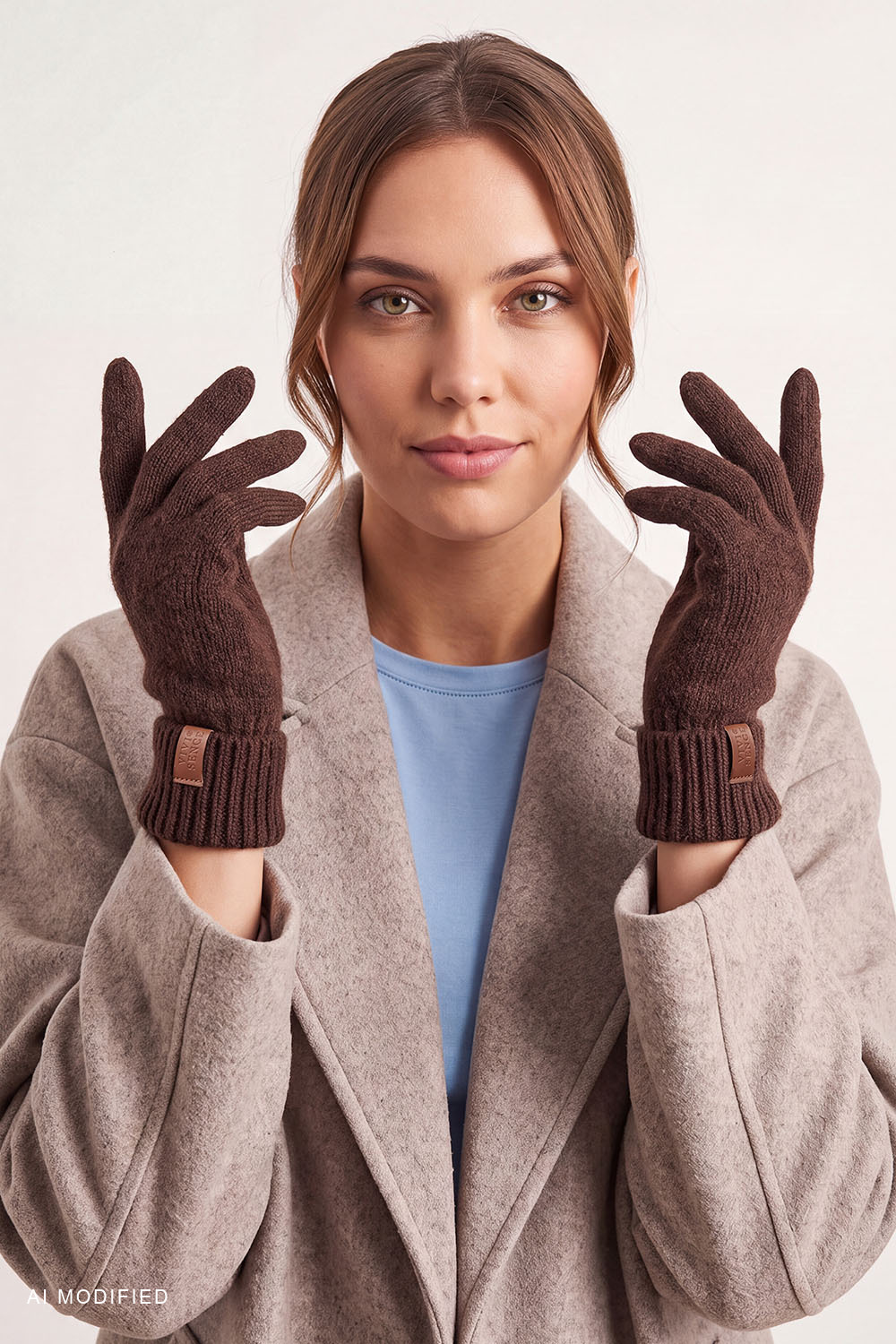 Vivisence women's knitted gloves with ribbed cuff warm and stretchy, brown