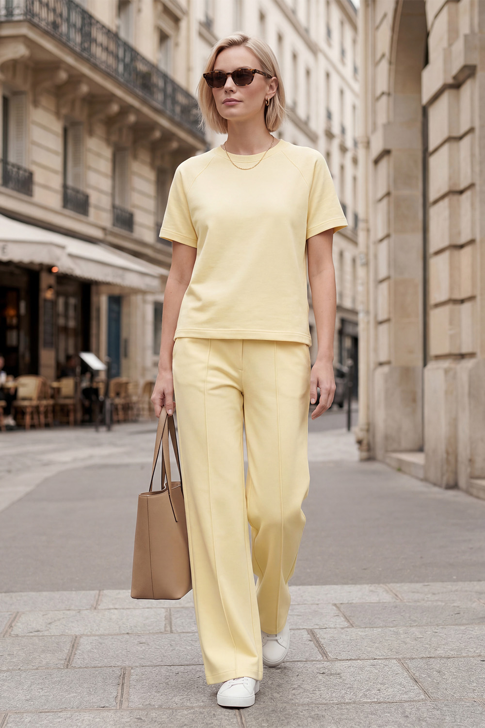 Vivisence Women’s 2 Piece Lounge Set, Short Sleeve T Shirt and Flared Trousers with Pockets, Soft Stretch Co Ord Set, banana