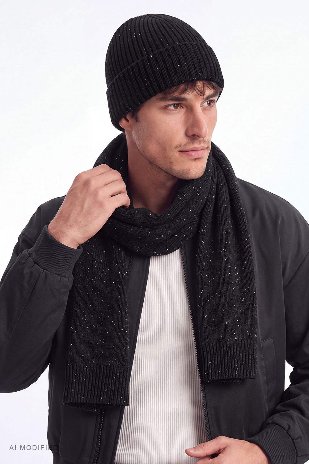 Vivisence ensemble bonnet écharpe laine mérinos soie homme hiver, noir