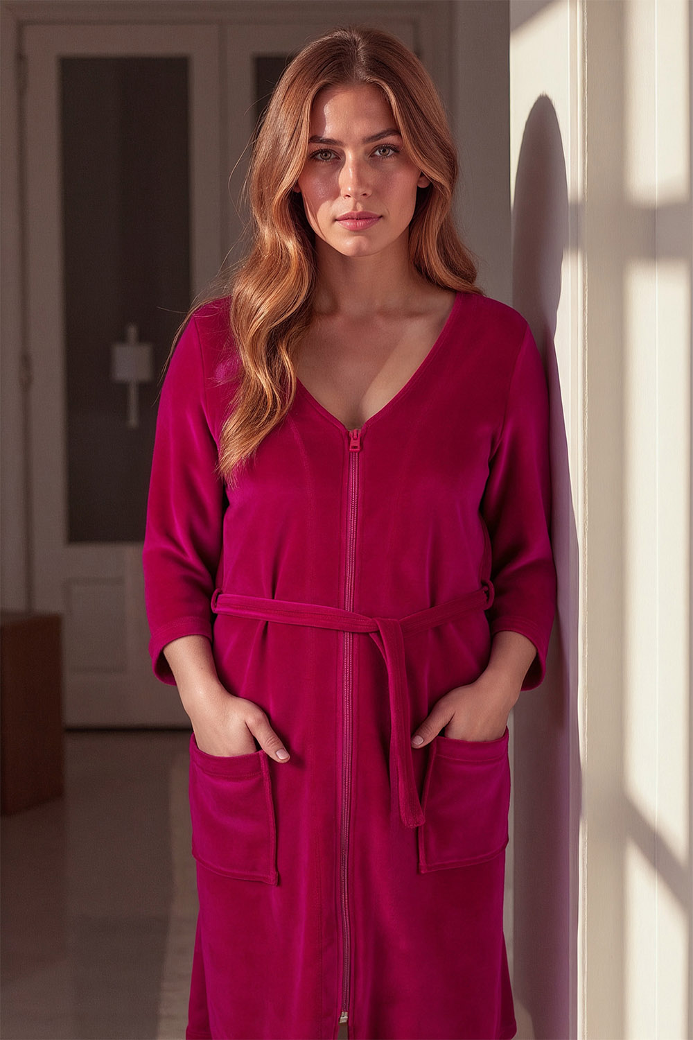 Vivisence Dressing Gown Cotton Zipper and Belt Pockets Home Comfort 5011, ruby