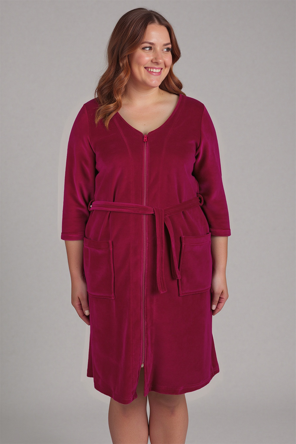 Vivisence Dressing Gown Cotton Zipper and Belt Pockets Home Comfort 5011, ruby