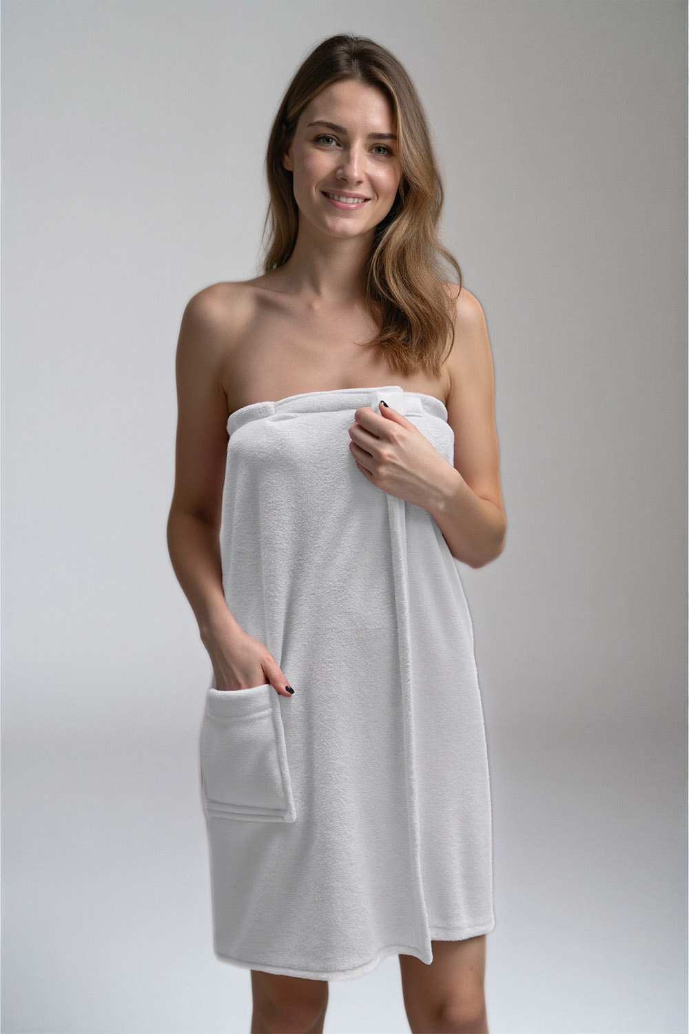 Vivisence Women's Shower Towel Wrap Comfortable Cotton Towel With Velcro Closure Elastic Band And Handy Pocket Perfect For Home Spa Or Sauna Use, white