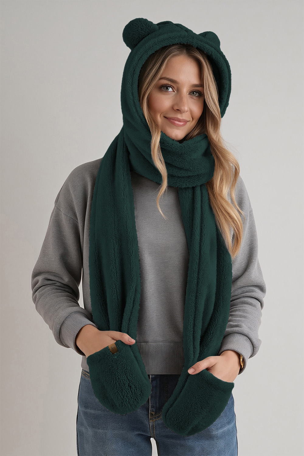 Vivisence Women Winter Hood Scarf With Mittens Soft Polyester Cozy Warmth, bottle green