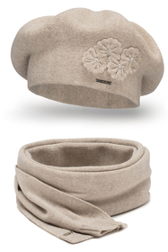 Vivisence Damen Mütze mit Schal Mit Blume Applikation Wärme An Wintertagen 7006, beige