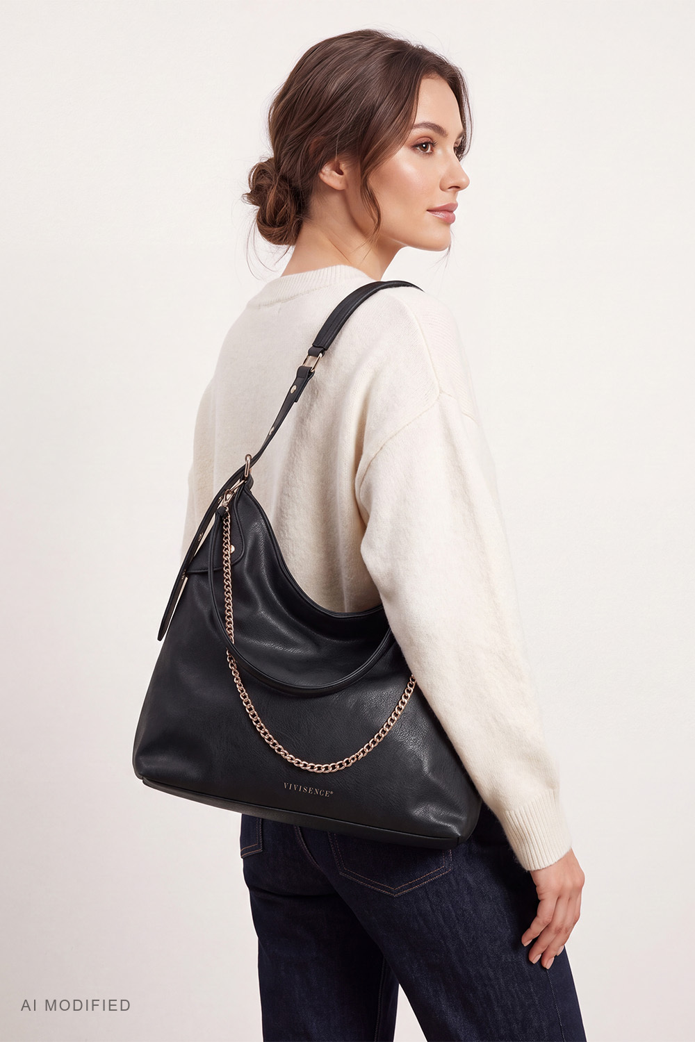 Vivisence Women's Faux Leather Hobo Shoulder Bag with Zip, black