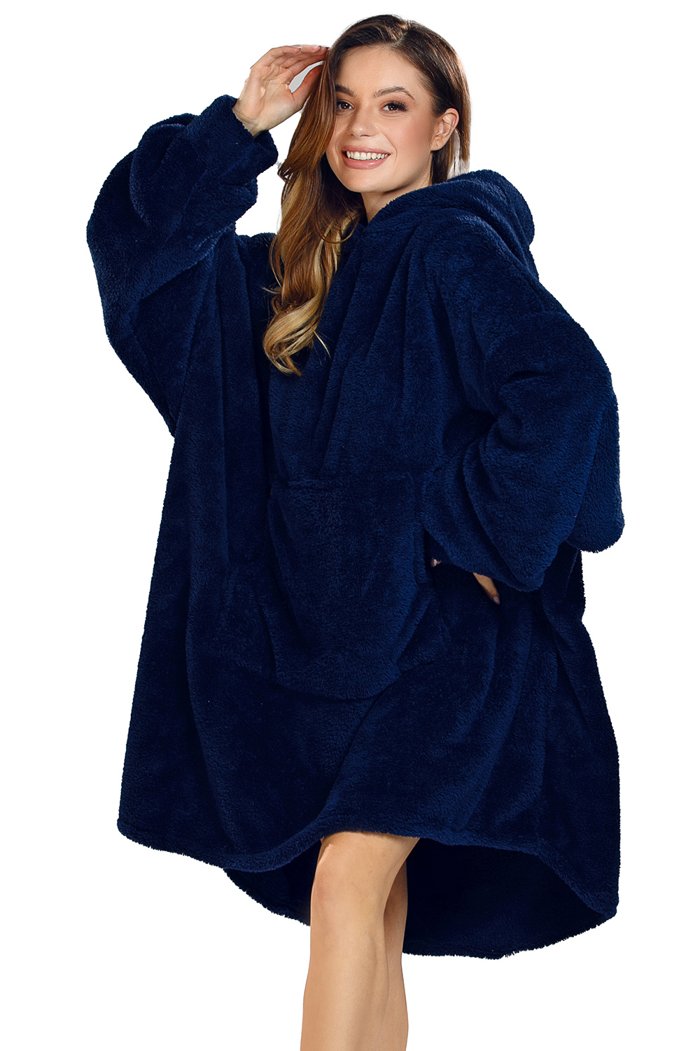 Vivisence Blanket Hoodie and Socks Set Warm and Cozy Wearable Blanket Sweatshirt with Large Pocket Extended Back Long Sleeves and Durable Ankle-Length Socks for Everyday Comfort, dark blue