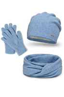 Vivisence Winter Damen Set Aus Wolle Mit Mütze, Schal Und Handschuhen Hergestellt Aus Weich Und Warm Garn Mit Melange-Muster Ideal Für Kalte Wintertage, hellblaue Melange