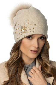 Vivisence Women's Pom Pom Hat Wool Handcrafted Virgin Wool 7079, beige