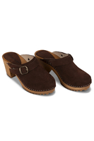 Vivisence Women’s Suede Clogs, Wooden Sole, Closed Toe Slip On Shoes with Buckle, Comfortable Wear, dark brown