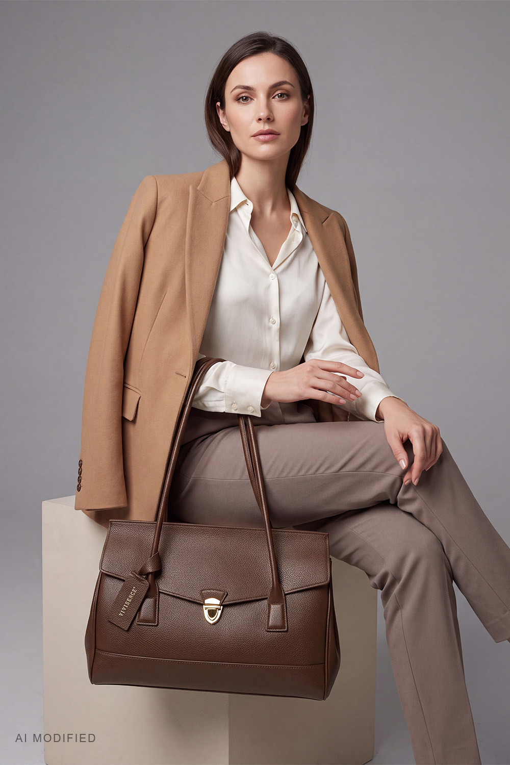 Vivisence Shoulder Bag Women Polyurethane, 3-Compartment Handbag for Daily, dark brown